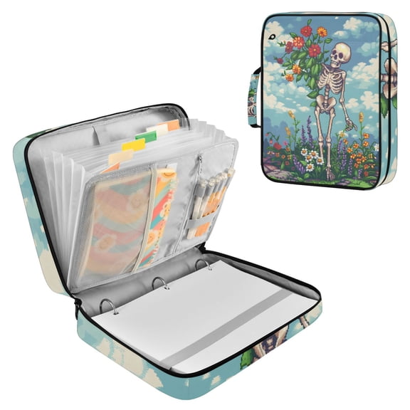 Skeleton with Flowers Sky Clouds Accordion File Organizer Expanding File Folder 3-Ring Binder Bag 500 Sheets A4 Size