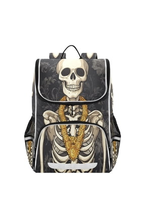 Skeleton with Golden Chains Vintage Flowers Backpack Purse Daypack Book Bag Fashion Accessories Unisex 15L for Commute Travel School
