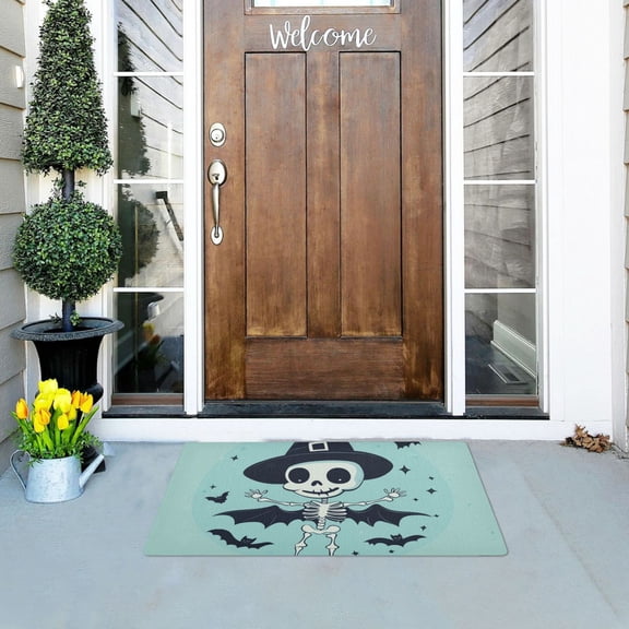 Skeleton with Magic Hat Bats Halloween Doormats Welcome Mats Gate Pads Entryway Outdoor 32" x 20"
