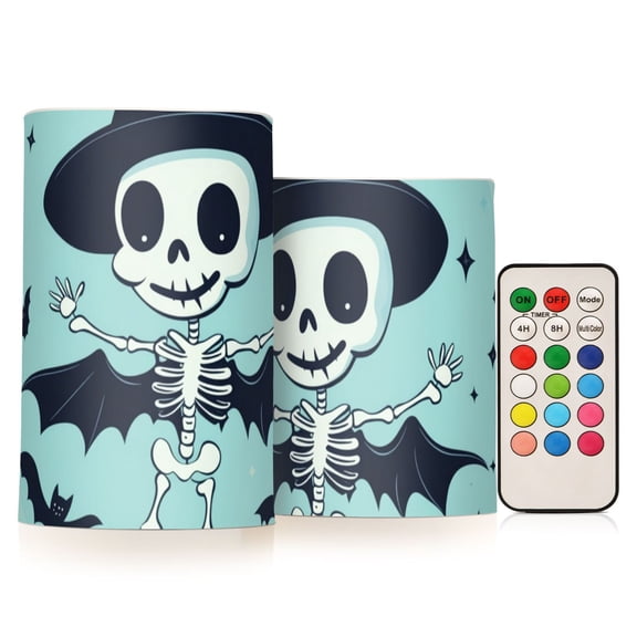Skeleton with Magic Hat Bats Halloween Flickering Flameless Candles LED Tealight Battery Operated with Remote Set of 2 Holiday Decor Ornaments