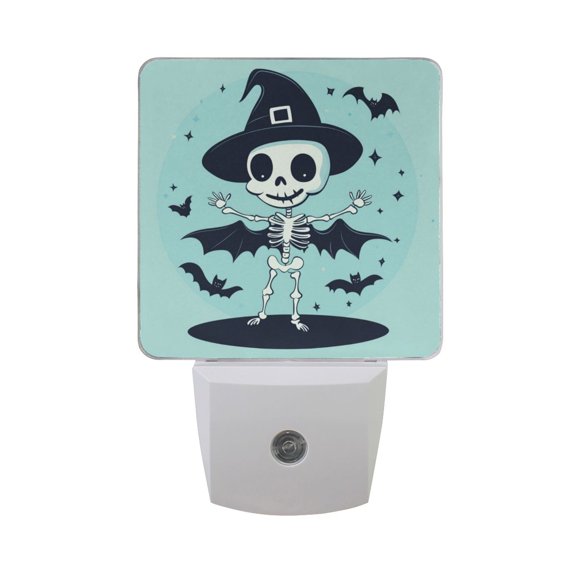 Skeleton with Magic Hat Bats Halloween LED Night Light with Smart Sensor Plug Into Wall Dusk to Dawn 2 packs