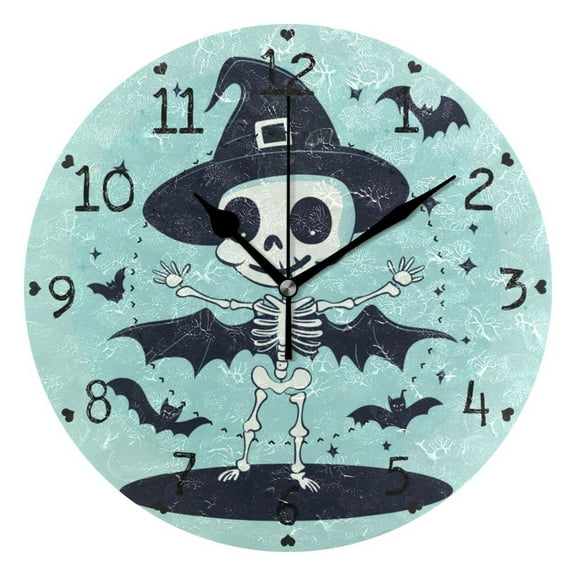 Skeleton with Magic Hat Bats Halloween Round Wall Clock Silent Analog Battery Operated Black Pointer Home Decor 9.84" Diameter