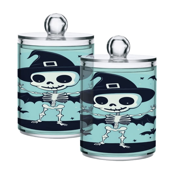 Skeleton with Magic Hat Bats Halloween Translucent Plastic Cans Storage Canisters with Lid Set of 2