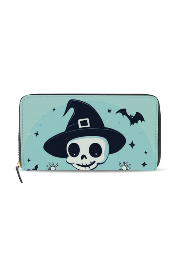 Skeleton with Magic Hat Bats Halloween Women's Long Zipper Wallet Bifold Clutch Purse PU Leather Card Cases