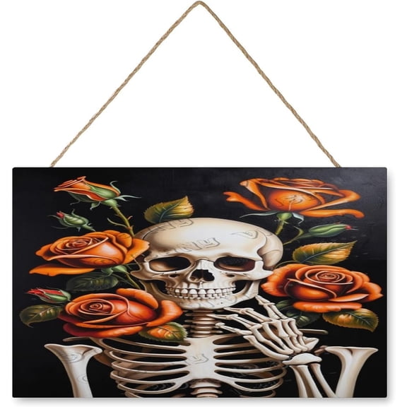 Skeleton with Rose Wood Hanging Sign, Funny Bathroom Decor, Wood Wall Art,Rustic Farmhouse Decor 10x16 Inches