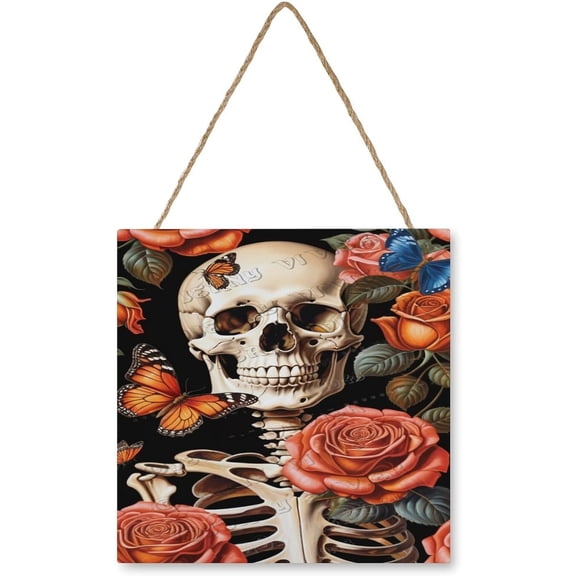 Skeleton with Rose Wood Hanging Sign for Bedroom Living Room, Wood Wall Art, Funny Bathroom Wood Decor Sign, Housewarming Gift 12x12 Inches