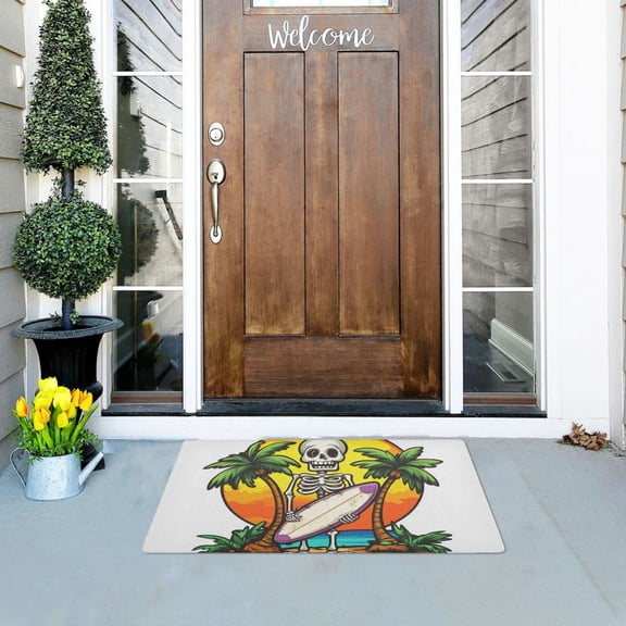 Skeleton with Surfboard on Beach Doormats Welcome Mats Gate Pads Entryway Outdoor 32" x 20"