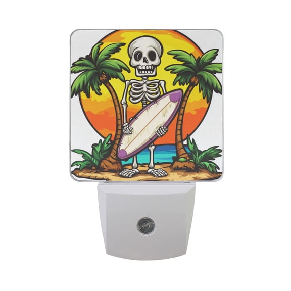 Skeleton with Surfboard on Beach LED Night Light with Smart Sensor Plug Into Wall Dusk to Dawn 2 packs