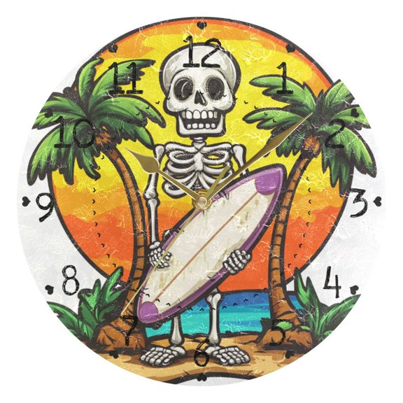 Skeleton with Surfboard on Beach Round Wall Clock Silent Analog Battery Operated Gold Pointer Home Decor 9.84" Diameter