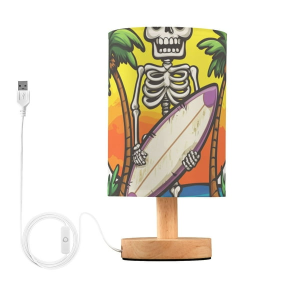 Skeleton with Surfboard on Beach Table Lamp with USB Port LED Warm Light Lamp Night Light Home Decor