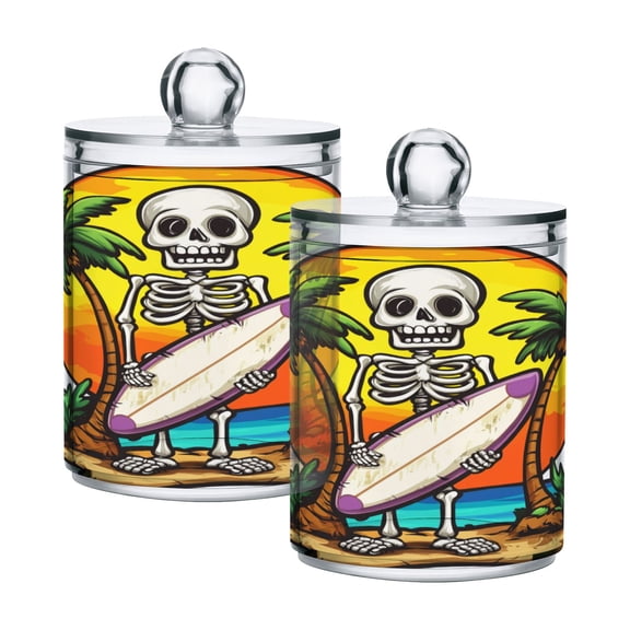 Skeleton with Surfboard on Beach Translucent Plastic Cans Storage Canisters with Lid Set of 2
