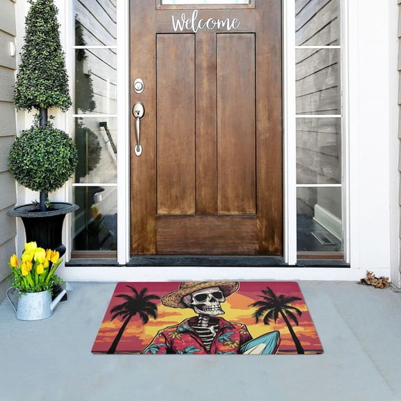 Skeleton with Surfboard on Sunset Beach Doormats Welcome Mats Gate Pads Entryway Outdoor 32" x 20"