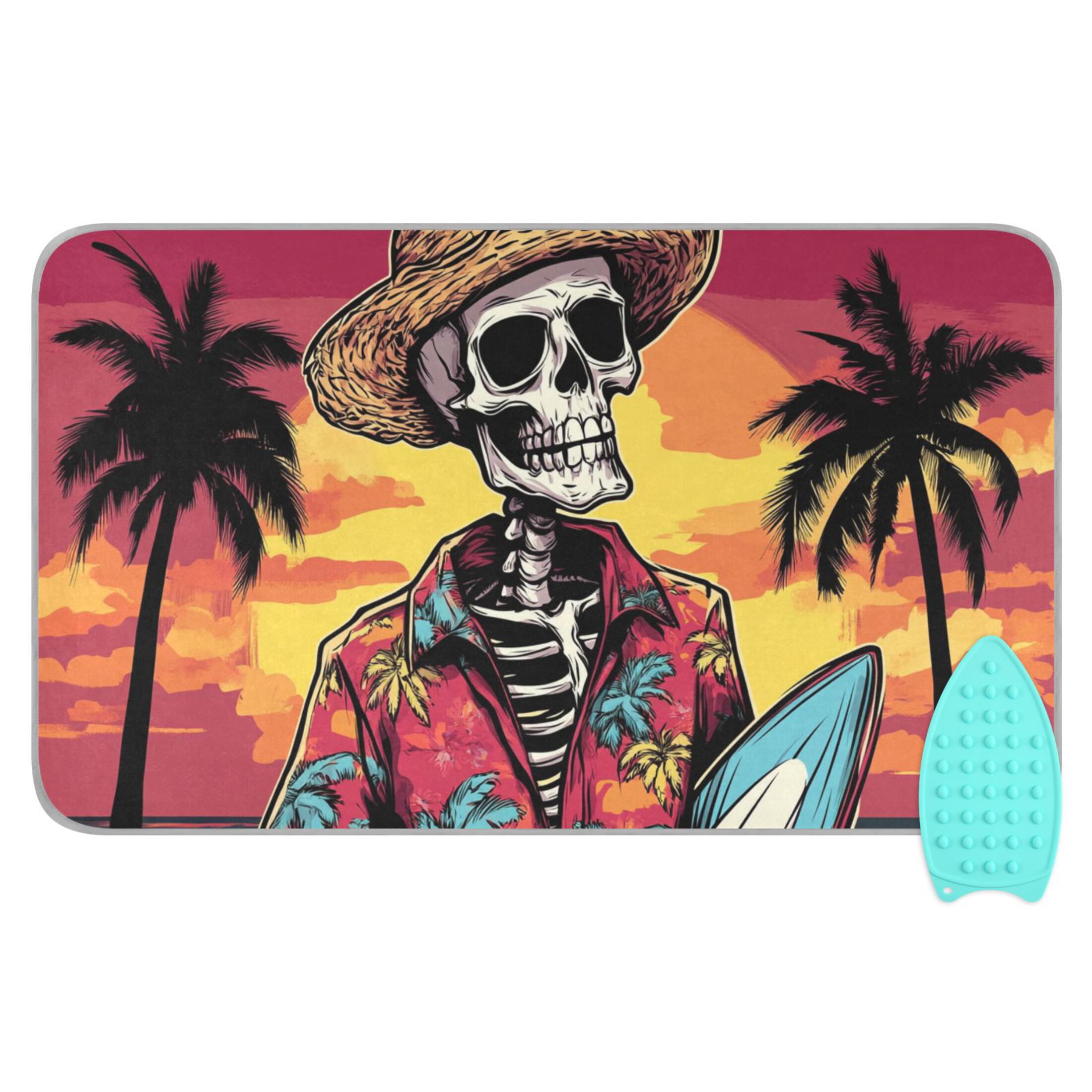 Skeleton with Surfboard on Sunset Beach Ironing Mat Blanket Portable Travel Ironing Pad Heat Resistant Pad 47.2" x 27.6”