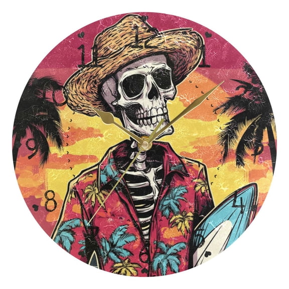 Skeleton with Surfboard on Sunset Beach Round Wall Clock Silent Analog Battery Operated Gold Pointer Home Decor 9.84" Diameter