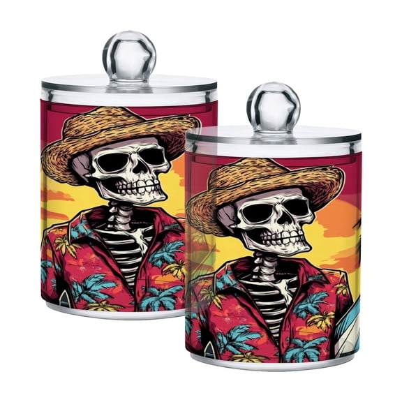 Skeleton with Surfboard on Sunset Beach Translucent Plastic Cans Storage Canisters with Lid Set of 2