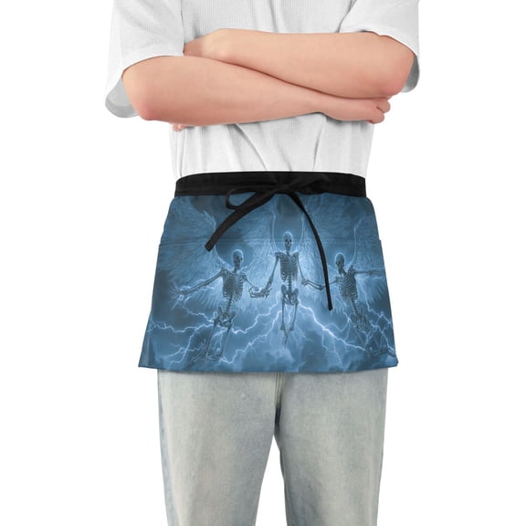 Skeleton with Wings Flying Short Server Apron with 3 Pockets for Unisex Chef Gardening