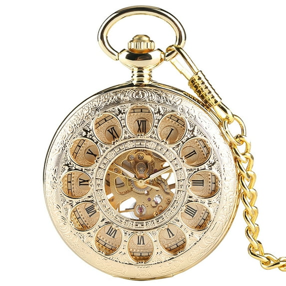 Skeletonized Petal Roman Handmade Mechanical Pocket Watch with Chain for Gift