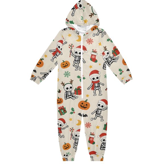 Skeletons Christmas Decorations Boys & Girls Hooded One-Piece Pajamas Warm Crystal velvet Hooded Long Sleeve Loungewear Jumpsuit Unisex