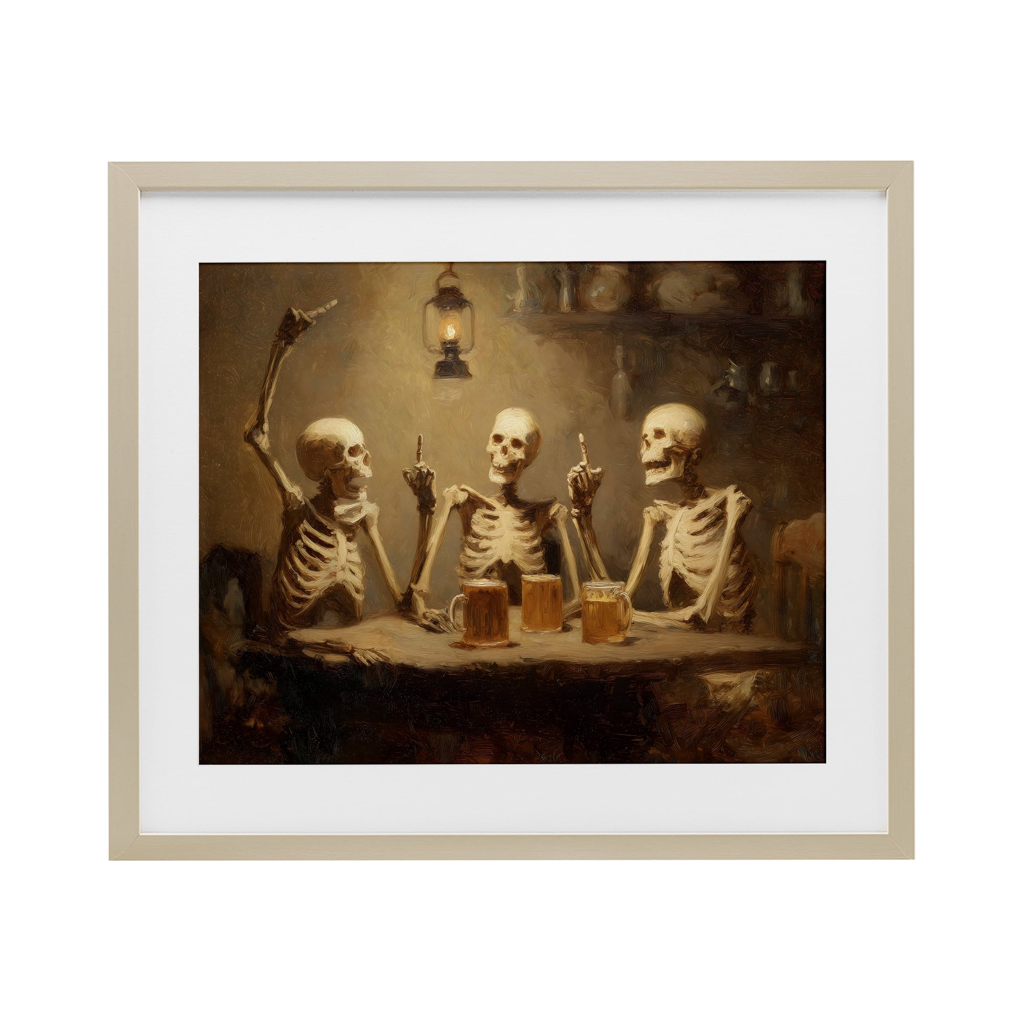 Skeletons Drinking at Tavern Birch Framed Print Under Glass, design by Arlington Prints