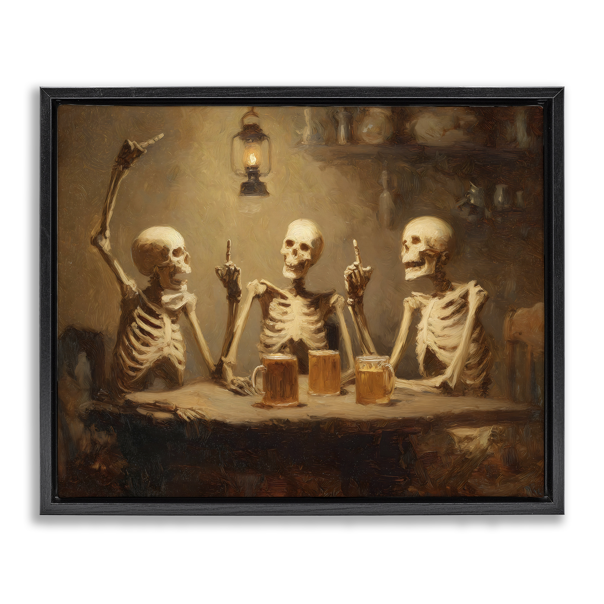 Skeletons Drinking at Tavern Black Framed Floater Canvas Wall Art, design by Arlington Prints