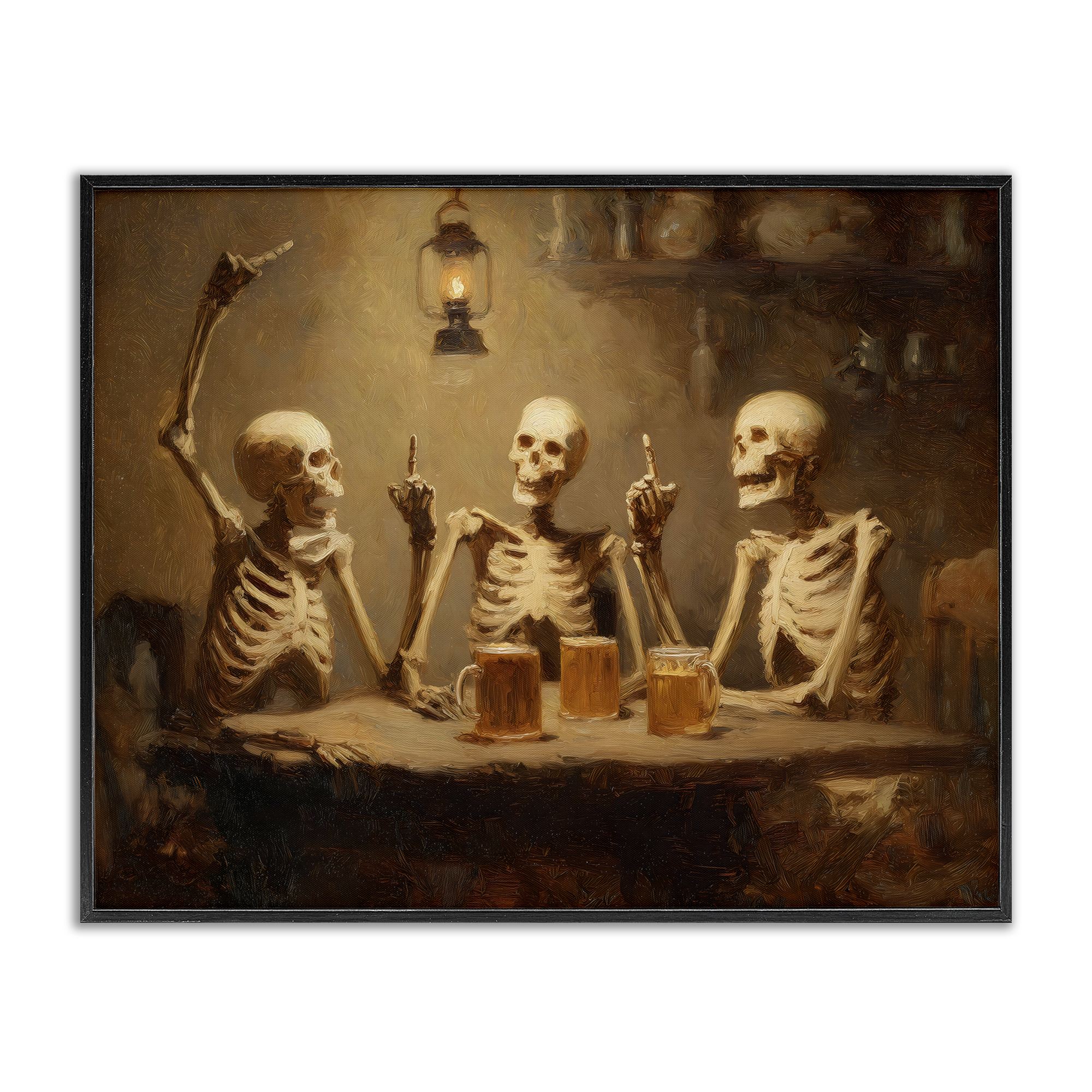 Skeletons Drinking at Tavern Black Framed Giclee Art, design by Arlington Prints