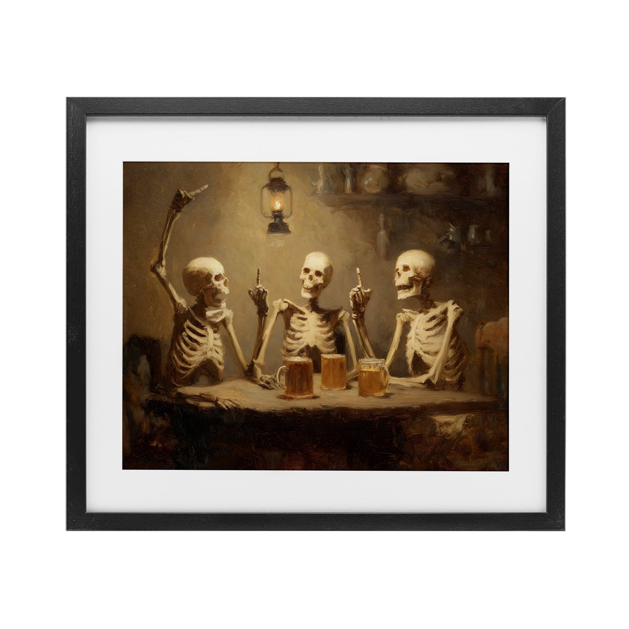 Skeletons Drinking at Tavern Black Framed Print Under Glass, design by Arlington Prints