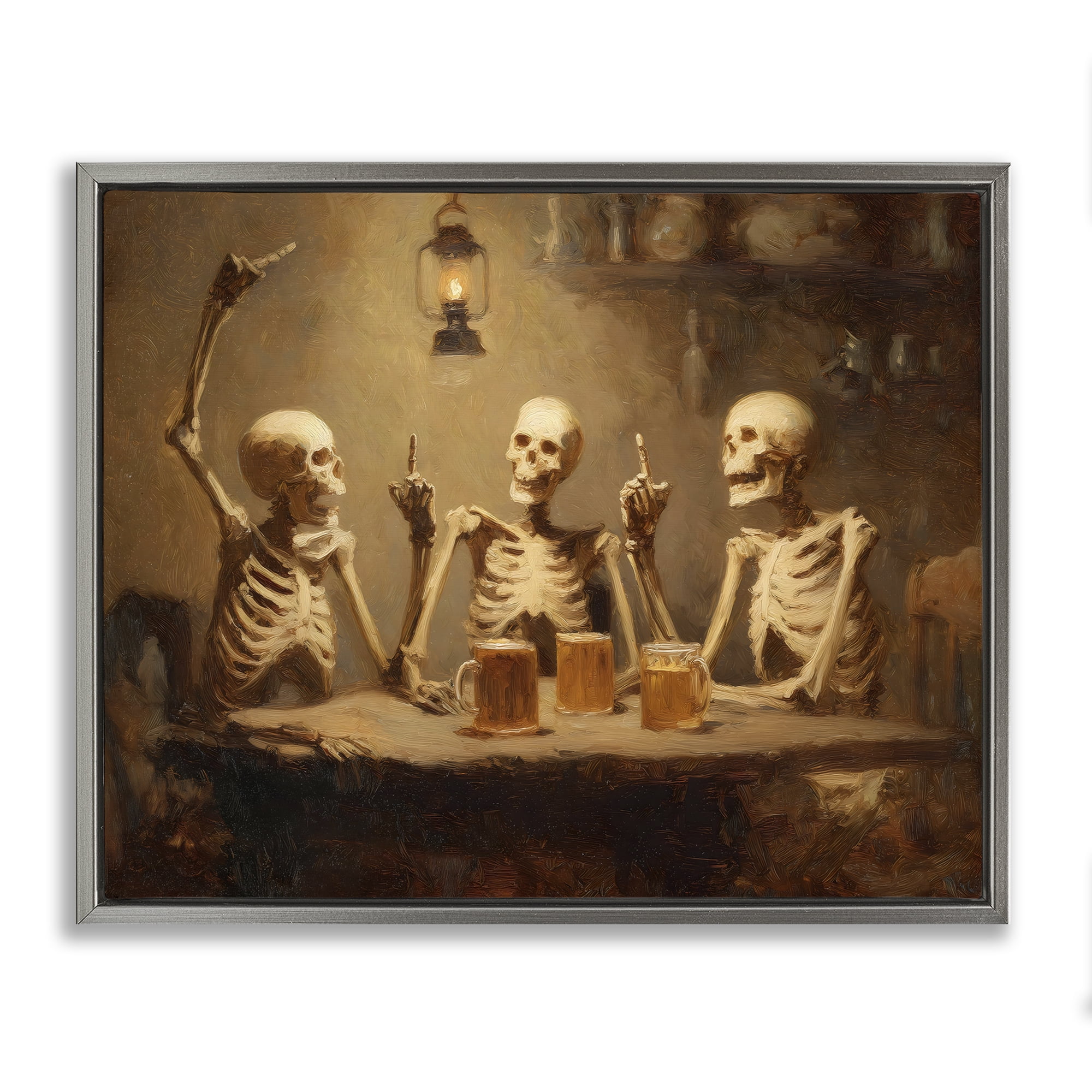Skeletons Drinking at Tavern Gray Framed Floater Canvas Wall Art, design by Arlington Prints