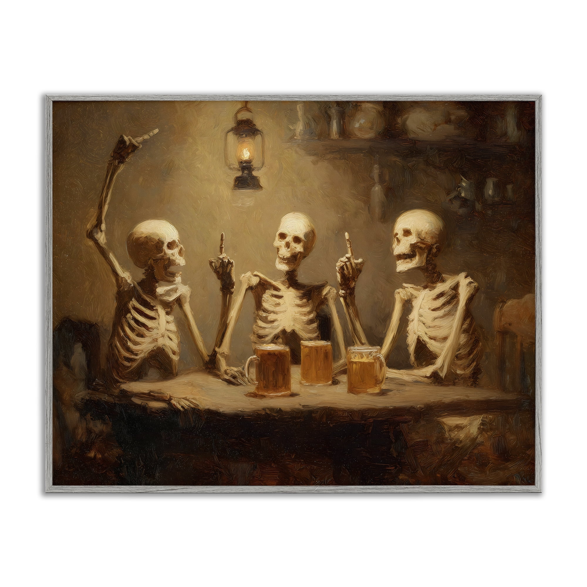 Skeletons Drinking at Tavern Gray Framed Giclee Art, design by Arlington Prints