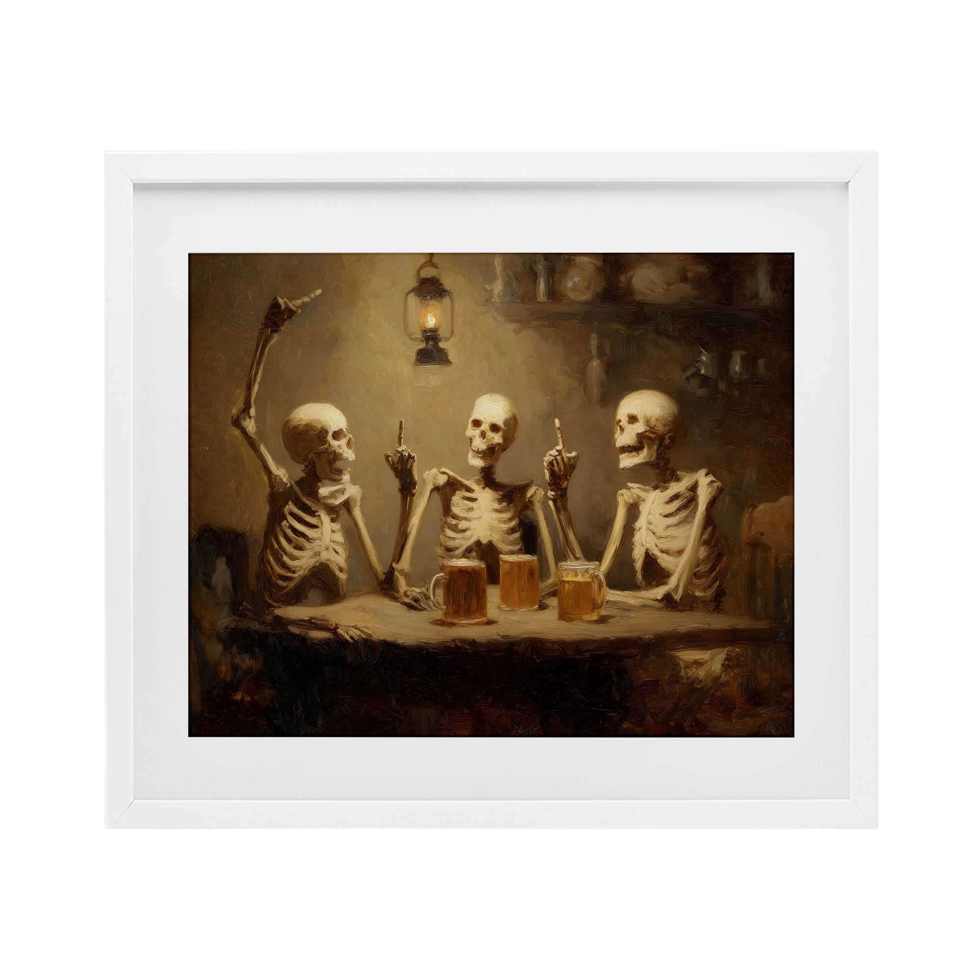 Skeletons Drinking at Tavern White Framed Print Under Glass, design by Arlington Prints