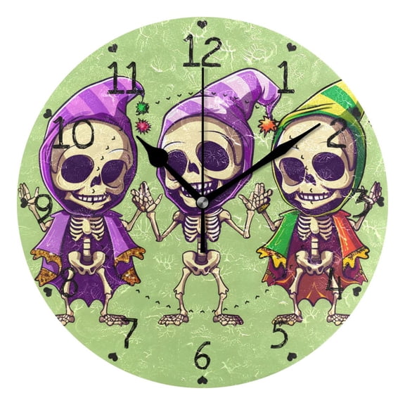 Skeletons Halloween Style Round Wall Clock Silent Analog Battery Operated Black Pointer Home Decor 9.84" Diameter