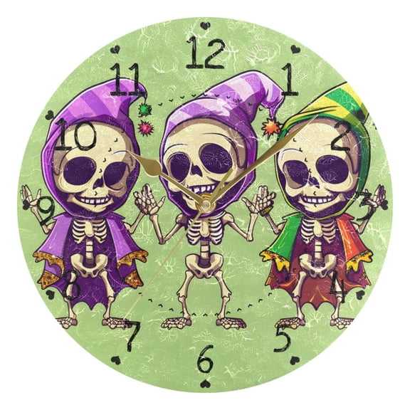 Skeletons Halloween Style Round Wall Clock Silent Analog Battery Operated Gold Pointer Home Decor 9.84" Diameter