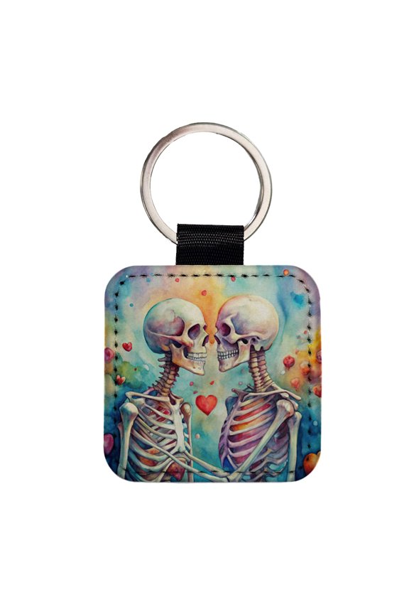 Skeletons In Love Hearts Valentine's Day Faux Leather Square Keychain