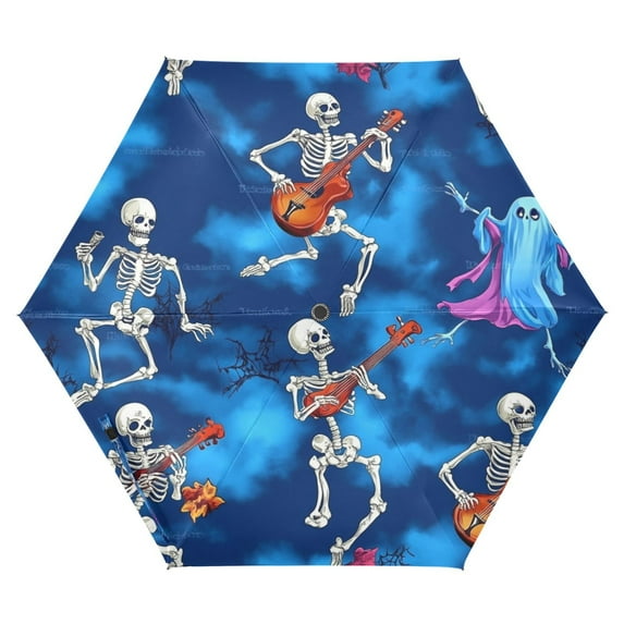 Skeletons Playing Musical Folding Umbrella UV50+ Waterproof Sun Protection Auto Open Close Compact Fiberglass Frame