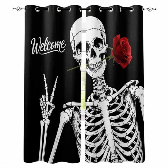 Skeletons Roses Blackout Curtains for Bedroom Living Room Darkening Curtains 84 Inch Length 2 Panels Set Horror Minimalism Modern Aesthetic Window Curtain Window Treatment Grommet Drapes 52"x84"