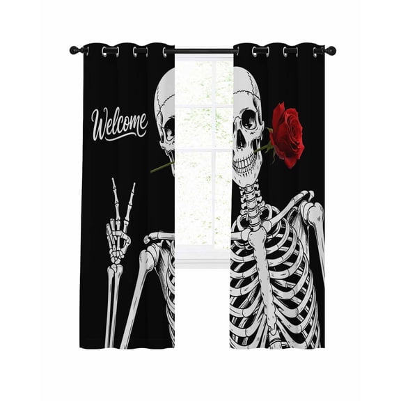 Skeletons Roses Blackout Curtains, Light Blocking Print Window Curtains, Horror Minimalism Modern Aesthetic Thermal Insulated Window Drapes for Living Room Kitchen Cafe 2 Panels, 84"W x 84"L