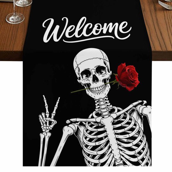Skeletons Roses Burlap Cotton Table Runner 13x36 Inches Short, Horror Minimalism Modern Aesthetic Farmhouse Table Runners, Outdoor Dining Tablecloths Decor for Baby Shower/Party/Wedding