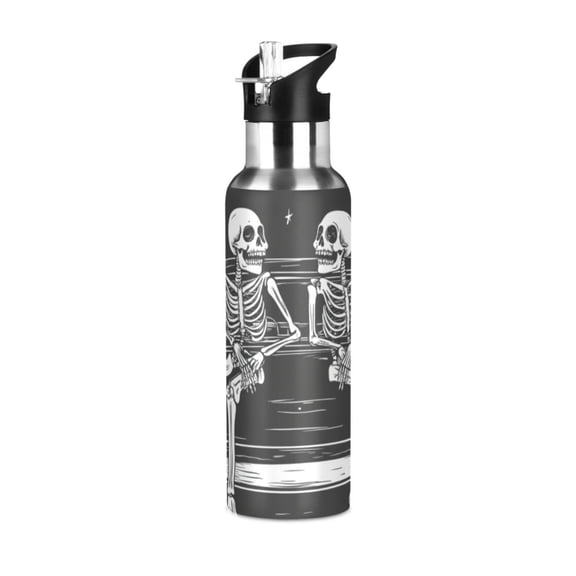 Skeletons Sitting on Car Stars Moon Sports Bottle with Straw Stainless Steel Water Jug Portable Thermal Cup Leak-proof 600ML