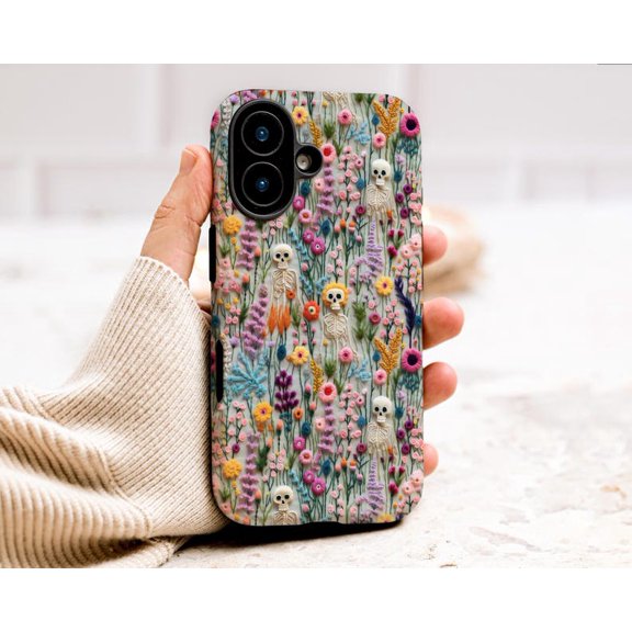 Skeletons and Flowers Phone Case, Wildflowers with Spooky Gothic Aesthetic Coquette Halloween Tough Case