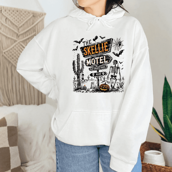 Skellie Motel Funny Skeleton Print Long Sleeve tops trendy and popular patterned white hooded sweatshirts Halloween Hoodies Humor Vintage Design Sweatshirts Casual Cotton Shirts White,2XL