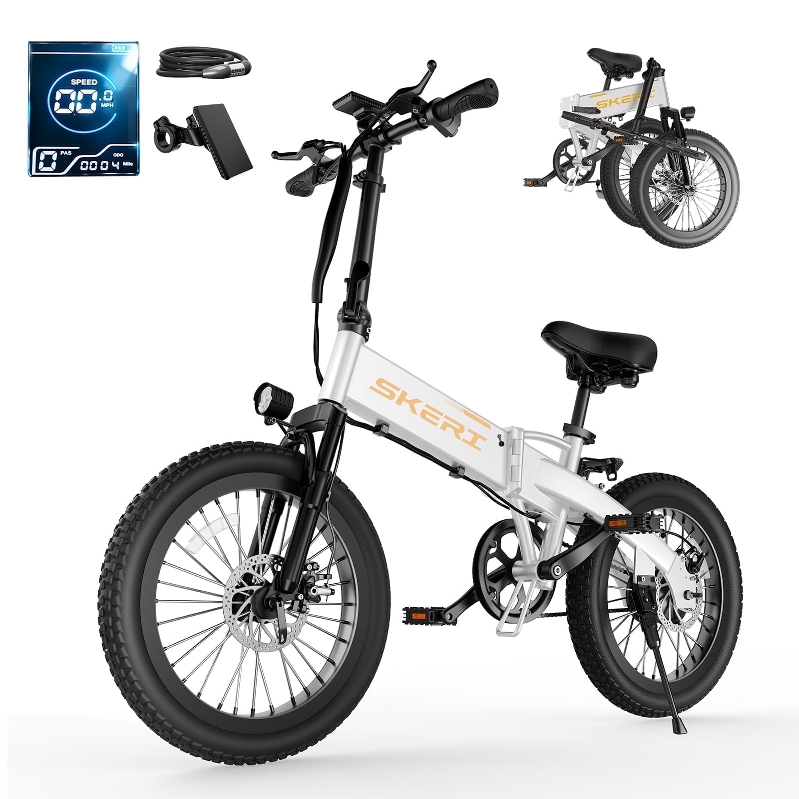 Skeri 20" Folding Electric Bicycle for Adults - 27MPH Max (Pedal-Assist), City Commuting, 48V Battery, 500W Peak, Aluminum Alloy Frame 49LBS, Adjustable Seat with LCD Display