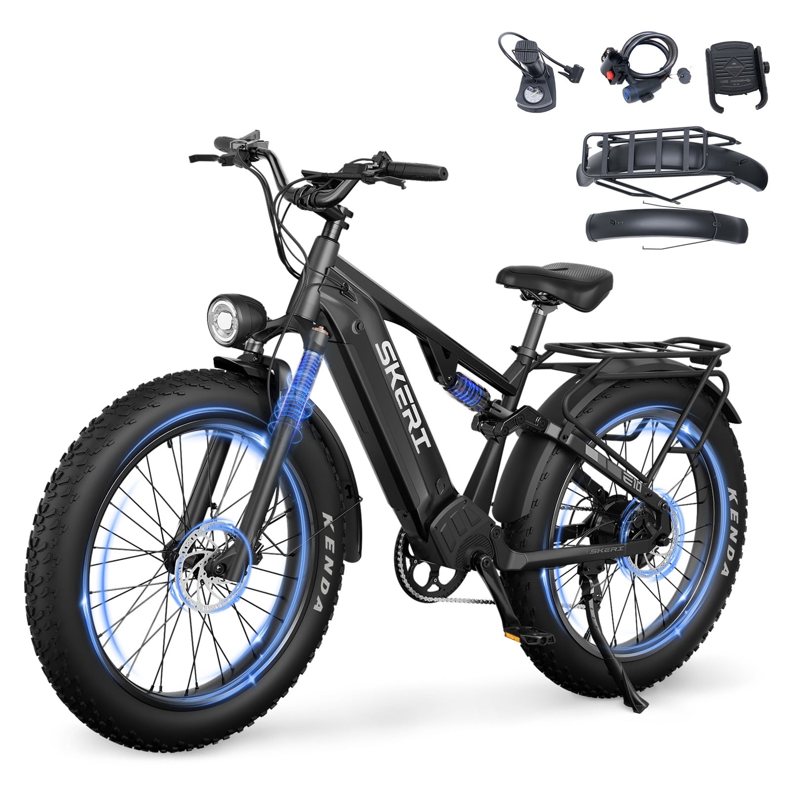 Skeri Electric Scooter Bike for Adults, 26"x4" Fat Tire Full Suspension E-Mountain Bicycle,750W (Peak 1200) Motor 48V 20Ah 7-Speed Ebike UL2849