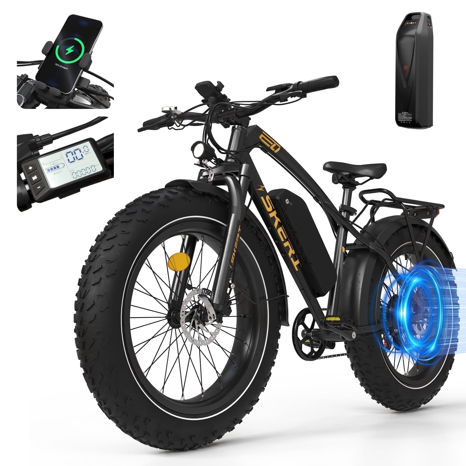 Skeri Electric Scooter, 26"x4.0" Fat Tire E Bike, 500W (Peak 1000) Motor, 48V 15.6Ah Removable Battery*2, 60 Miles & 25 mph, Electric Bicycle with 7 Speed and Front Suspension, Black