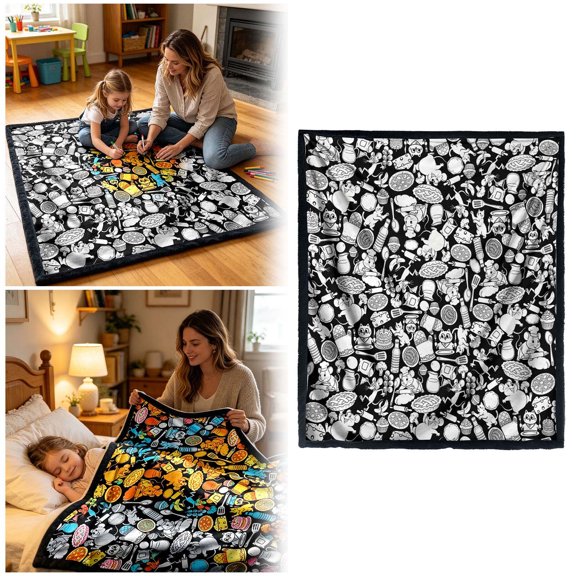 Sketch Blanket Coloring With 24 Markers Washable Assorted Pattern Doodle Mat DIY Art Blanket For Activity & Play