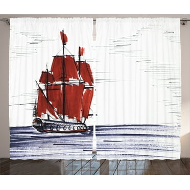Ambesonne Sketch Curtains 2 Panel Set, Saliling Ship on Sea, 108" x 84", Dark Purple Ruby Black