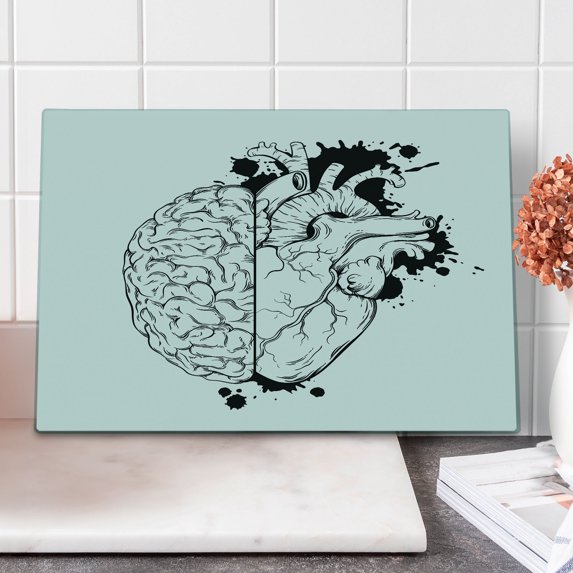Sketch Cutting Board, Outline Hand Drawn Half Human Heart and Brain Logic and Emotion Priority, Decorative Tempered Glass Cutting and Serving Board, in 3 Sizes, by Ambesonne