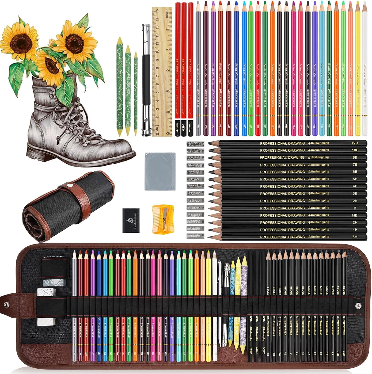 Sketch & Drawing Art Pencil Kit 52 Piece Set, 24 Color Pencil for Coloring Books, Pencil of Graphite & charcoal, 3-color Sketchbook, coloring book Etc, Art Supply Ideal for Adult Student Beginner