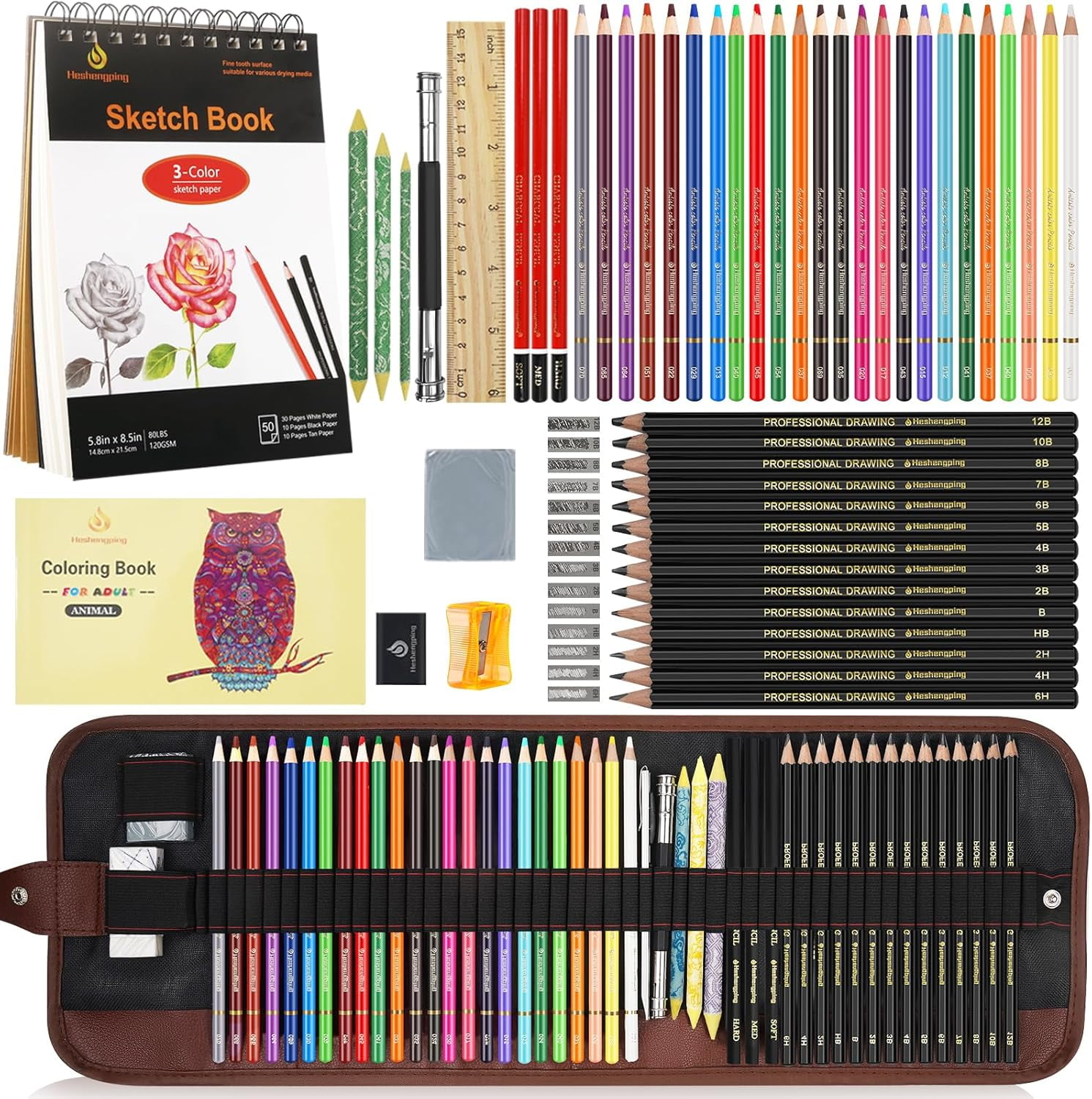 Sketch & Drawing Art Pencil Kit 52 Piece Set, 24 Color Pencil for Coloring Books, Pencil of Graphite & charcoal, 3-color Sketchbook, coloring book Etc, Art Supply Ideal for Adult Student Beginner