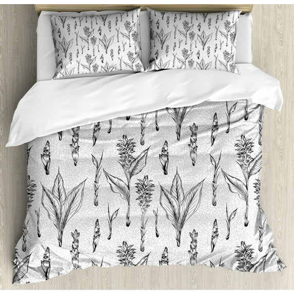 Sketch Duvet Cover Set King Size, Illustrations of Turmeric Plant Roots Hand Drawn Like Botanical Garden Artwork, Decorative 3 Piece Bedding Set with 2 Pillow Shams, Grey and White, by Ambesonne