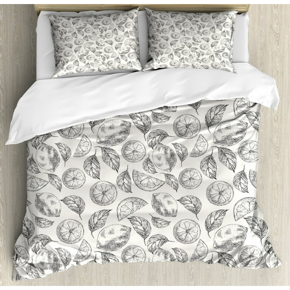 Sketch Duvet Cover Set King Size, Interpretations of Sliced and Whole Lemons and Leaves Pencil Drawn Like, Decorative 3 Piece Bedding Set with 2 Pillow Shams, Dark Grey and White, by Ambesonne