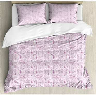 Sketch Duvet Cover Set, Monochromatic Doodle Style Jumble Objects Girly Back to Themed Pattern, Decorative 3 Piece Bedding Set with 2 Pillow Shams, Calking Size, Fuchsia and White, by Ambesonne